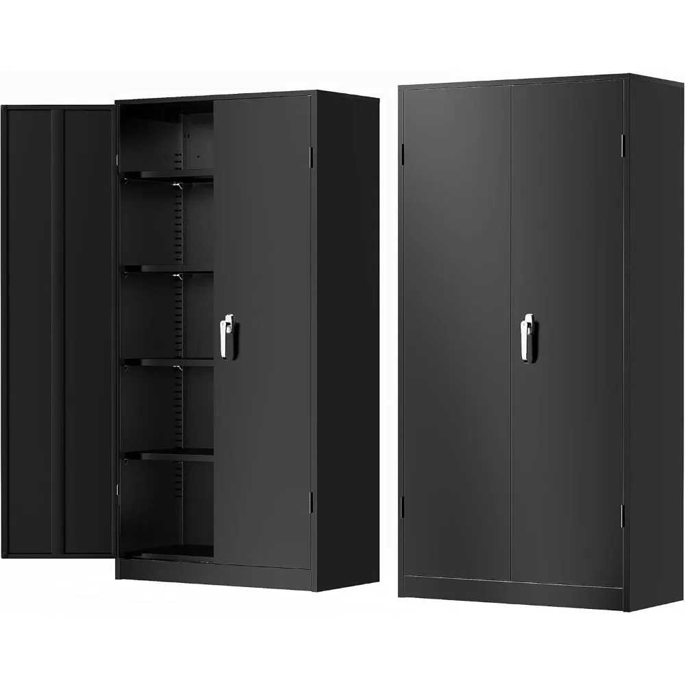 Gabinete de almacenamiento de metal, gabinetes de almacenamiento con cerradura negra de 72" con puertas y 4 estantes, gabinete de almacenamiento de herramientas alto para garaje