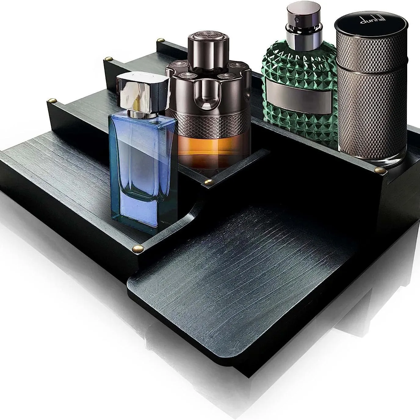 

Wooden black shelf, desktop storage cabinet, trapezoidal perfume display rack, three-layer cologne perfume solid wood display