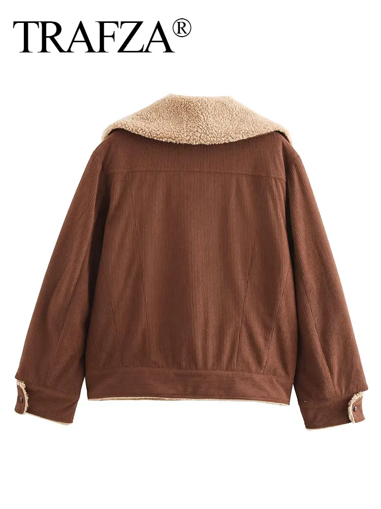 TRAFZA 2024 Donne di Inverno di Modo Più Cappotto di Velluto Gira-giù il Collare Cardigan Allentato Femminile Selvaggio Donna Velluto A Coste Cappotto Top