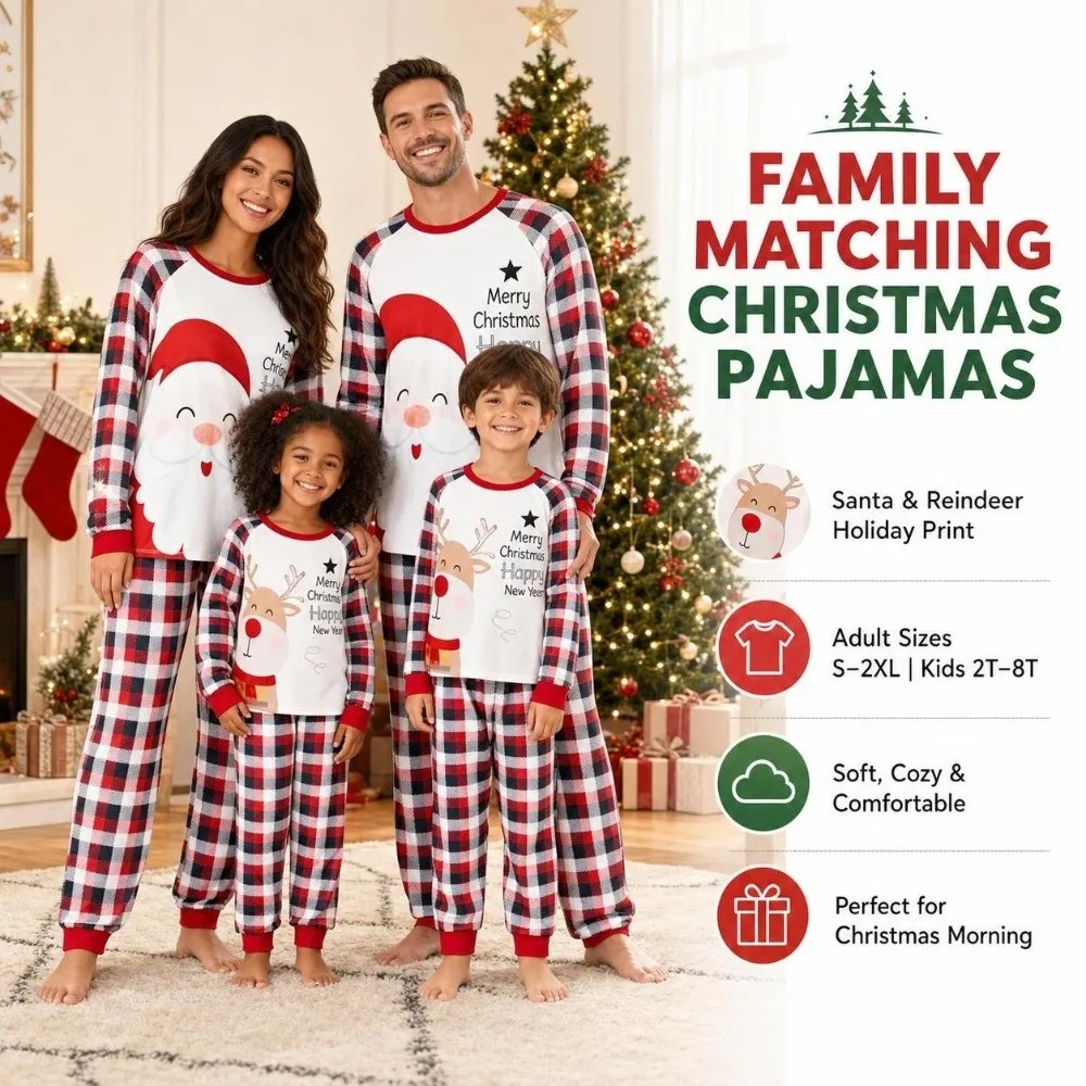Long Sleeve Christmas Pyjamas Set Plaid Printed Santa Claus Family Matching Pyjamas Deer Two Piece Set Couple Christmas Outfit