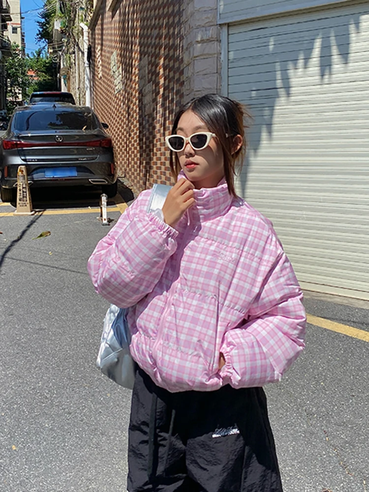 

Zoki Y2K Streetwear Plaid Puffy Parkas Women Vintage Stand Collar Winter Cotton Coat Casual Warm Thick American Retro New Jacket