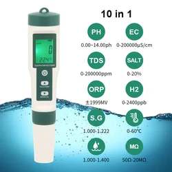 10 w 1 Tester monitorowania jakości wody PH/TDS/EC/SALT/TEMP/S.G/ORP/H2/tłuszczowej/rezystywności do basenów, wody pitnej, akwariów