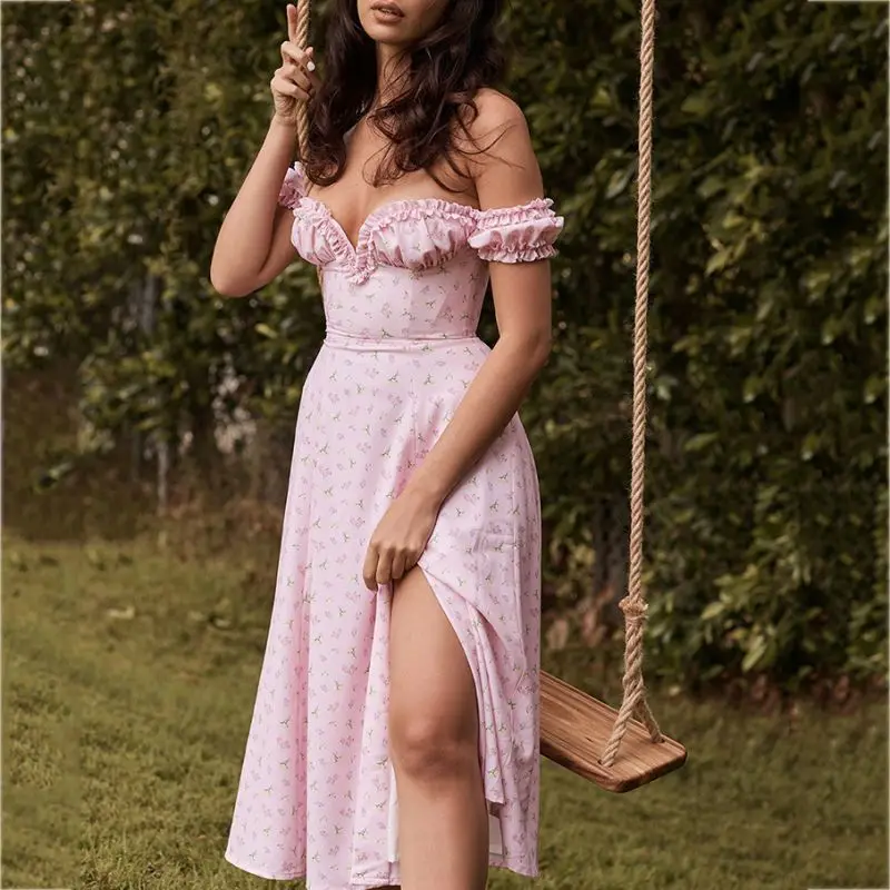 

Women Summer Dress 2021 Elegant Pink Flower Edge off Shoulder off back Split Dresses Cute Romantic Dress Fashion Women Dresses