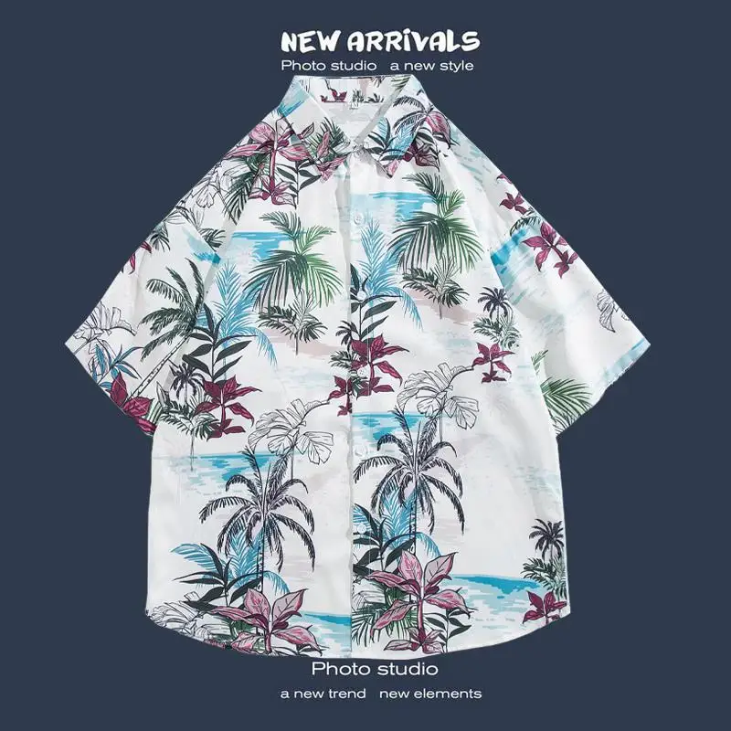 Camisa hawaiana de manga corta con estampado de dibujos animados para hombre, ropa informal holgada para la playa, moda urbana, Verano