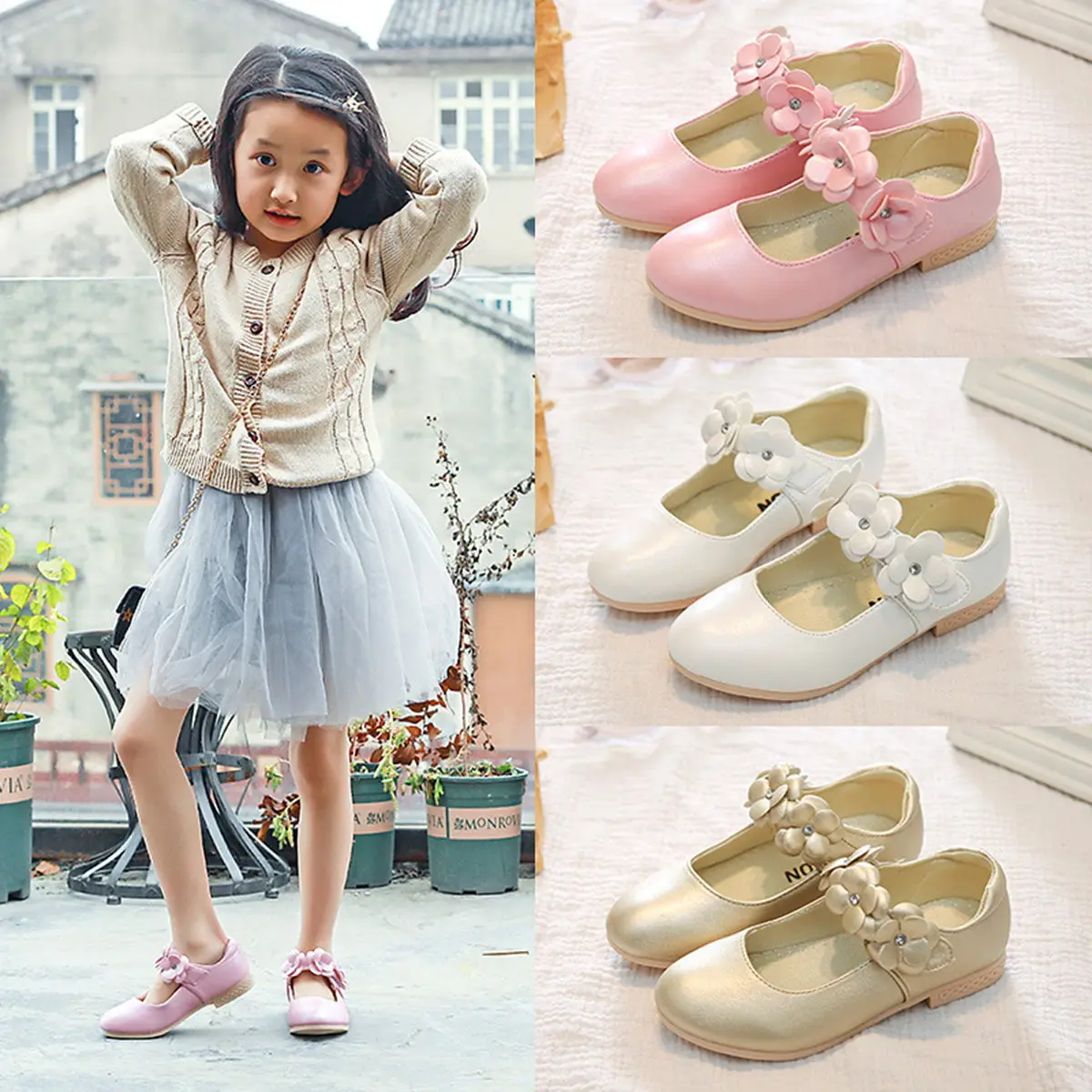

1Pair Kids Sole Shoes Stylish Breathable Flower Design Golden Size 28 Eu28 Uk10.5 Comfortable Children Walking Outdoor