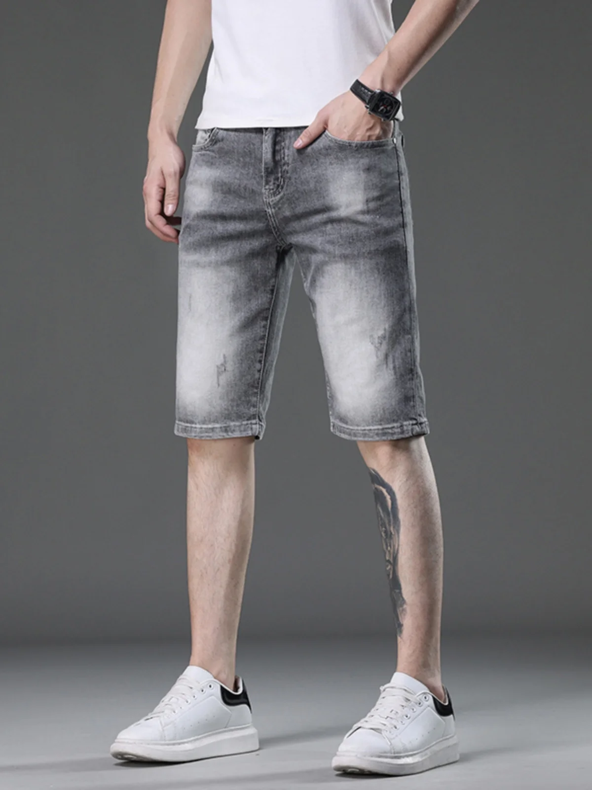 

Summer Thin Men's Denim orts Casual Straight Leg Five-Quarter Length ey Cigarette Jeans Cotton Stretch Fabric