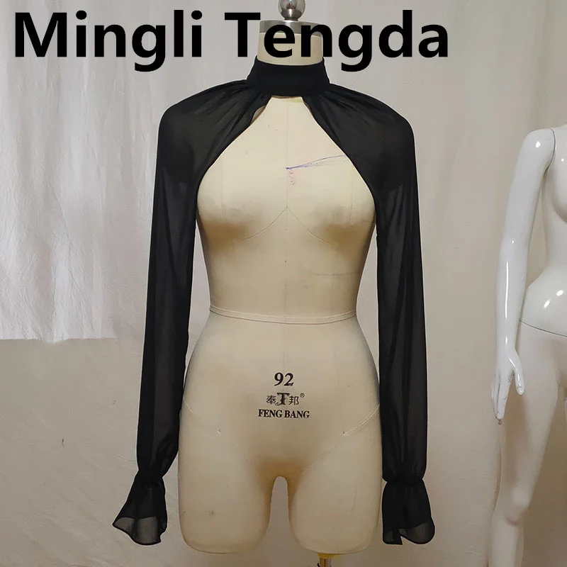 Mingli Tengda Black Cloak Chiffon Wedding Cape Long Sleeve High Neck Shawl Bridal Accessory Capes Bolero Casamento Jaket Women