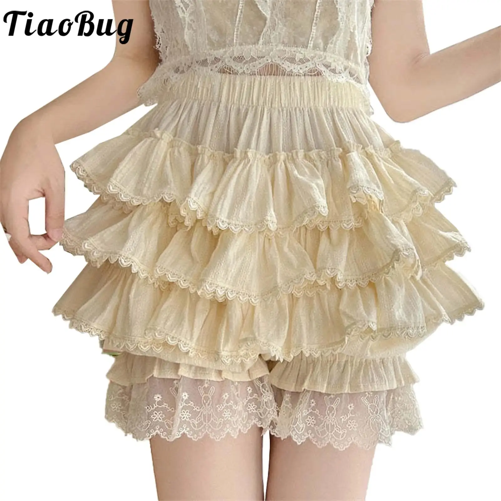 

Japanese Womens Sweet Kawaii Tiered Ruffles Bloomers Shorts High Waist Casual Lace Trim Shorts Pants for Masquerade Theme Party