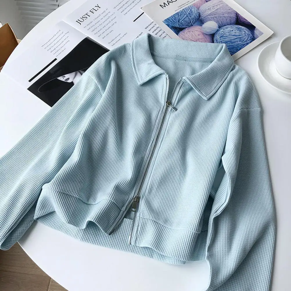 

Waffle Texture Women Coat Stylish Waffle Texture Lady Coat with Dual Zipper Turn-down Collar for Autumn Winter for School