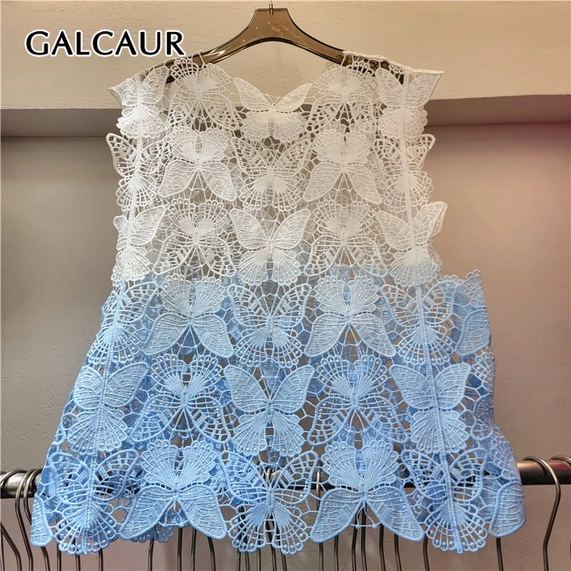 

GALCAUR Gradient Hollow Out Spliced Butterfly Elegant Vests for Women Round Neck Sleeveless Casual Vest Female Fashion Clothing