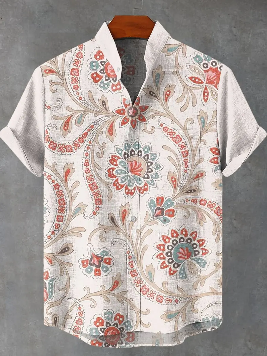 2025 Men's New Hot Selling Beautiful Art Pattern Printed Summer Comfortable Linen Short sleeved Shirt Men's Casual Button Top - Image 4