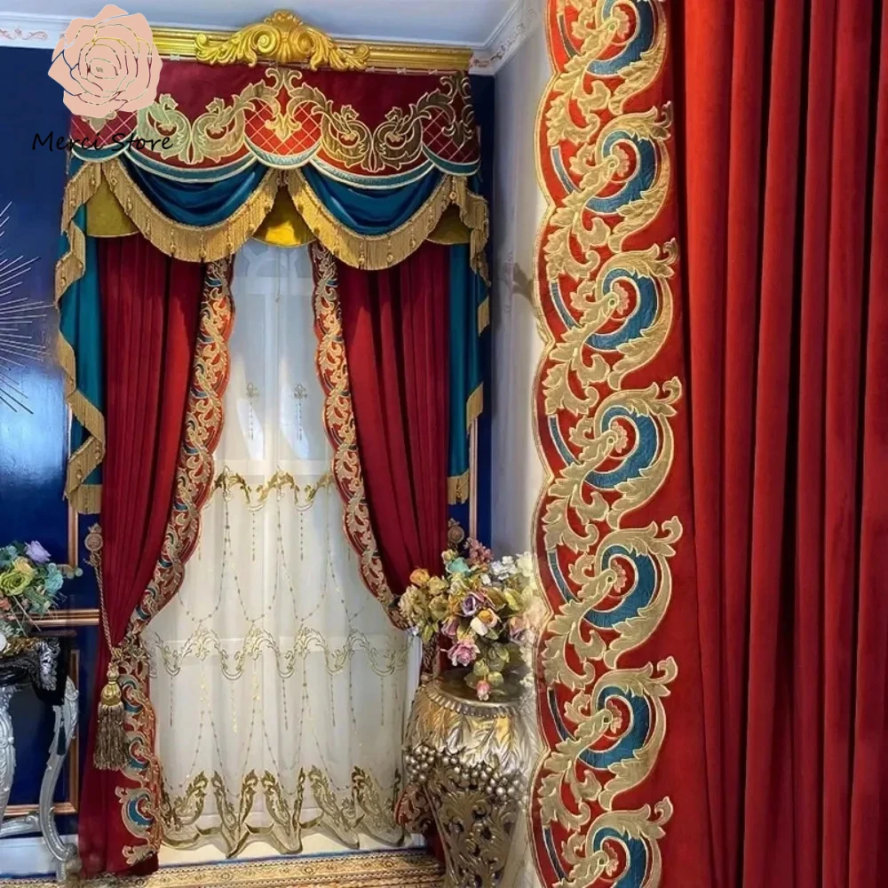 Palace Style Red Velvet Curtains for Living Room Bedroom Villa High-end Embroidery Thick Blackout Drapes Custom Size Valance