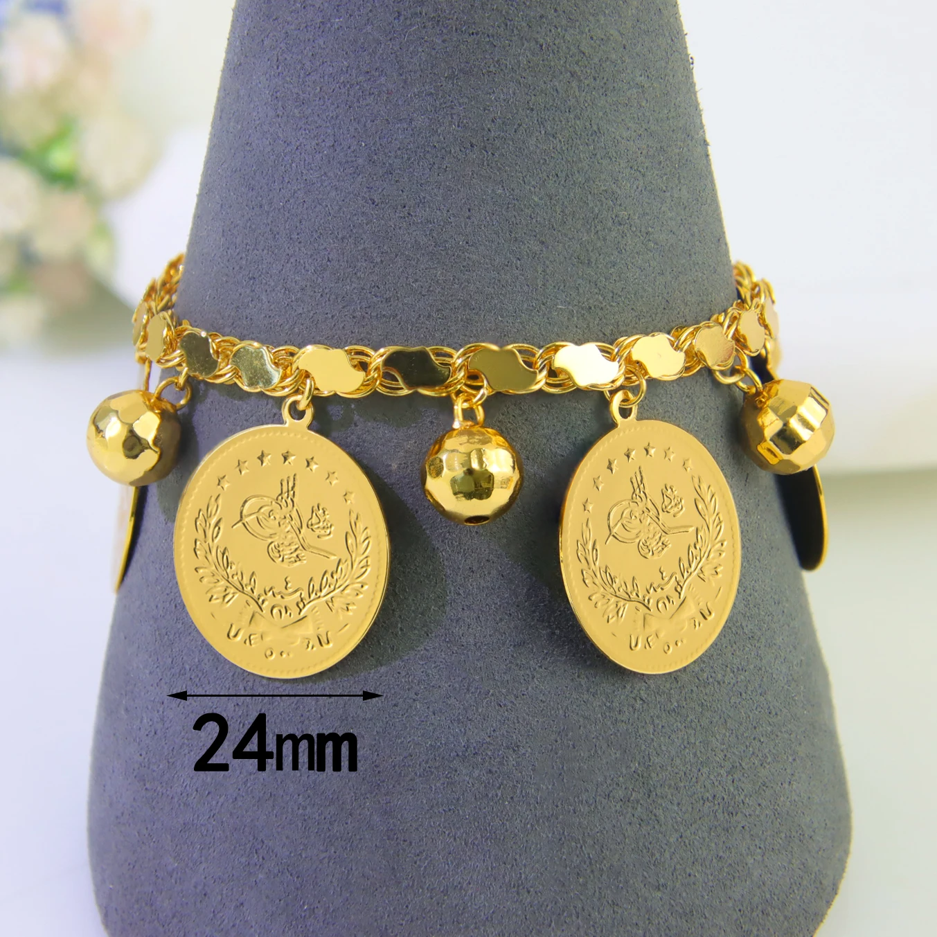 Klassisches arabisches Goldmünzen-Anhänger-Armband, 21 Karat vergoldet, Algerien, Brautmode, Handketten, Dubai, Damen, Hochzeit, Party-Schmuck – Detail 6