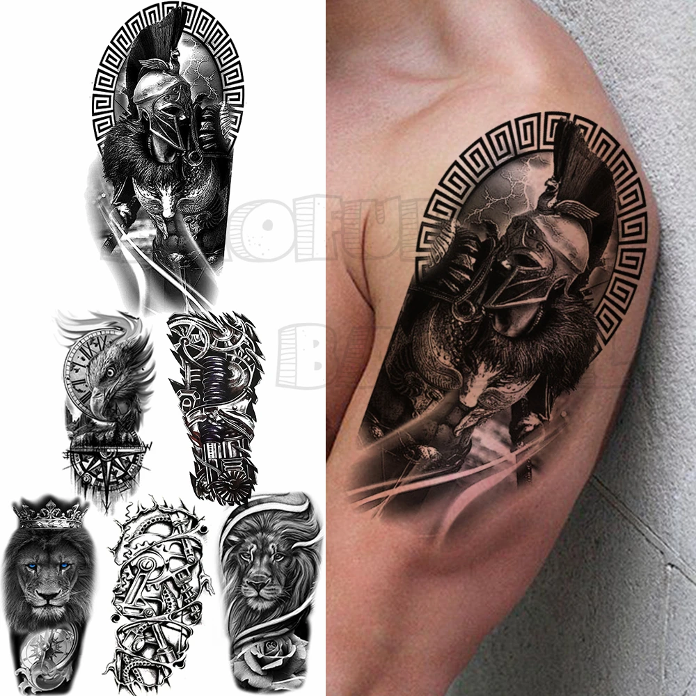 Black Samurai Animal Temporary Tattoos For Men Adults Realistic Fake Robotic Arm Eagle Lion Tattoo Sticker Waterproof Arm Tatoo