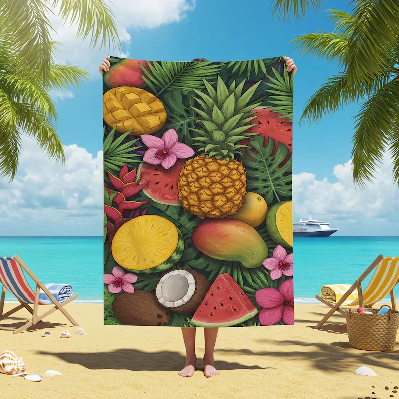 Tropical Fruit Beach Towel Vibrant Pineapple & Watermelon Print Exotic Summer Decor Vacation Gift Island Vibes Towel for Her