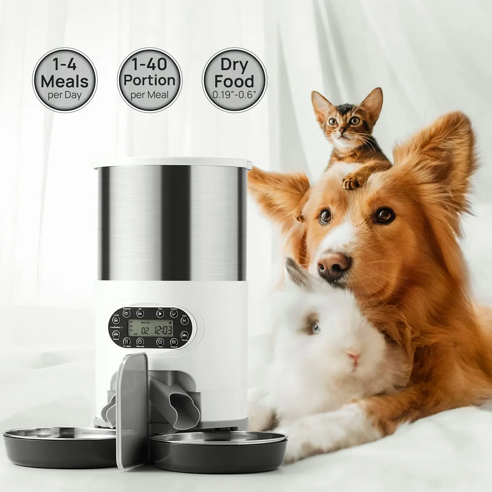 Smart Pet Feeder Auto Feeder Double Bowls Voice Record Dog and cat 2  in 1 Two-Way Splitter Food Automatic Timed Dispenser