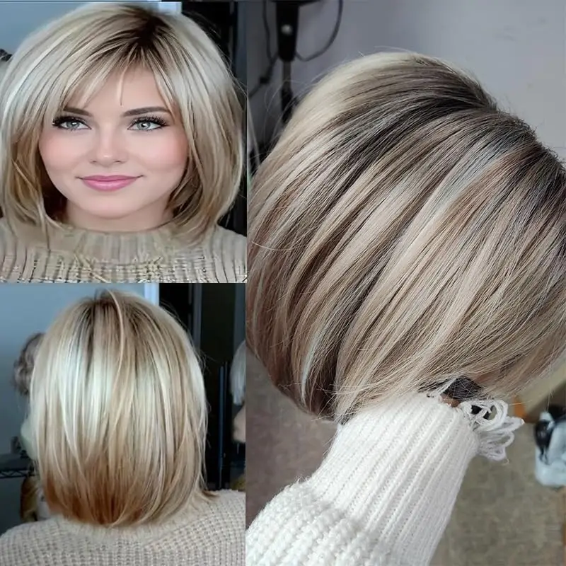 

Elegant women's short golden bob wig with bangs, a synthetic wig suitable for daily use and parties, a versatile wig