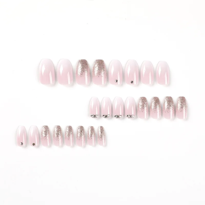 24Pcs Gradient Nude Pink Press on Nail Short Gold Crushed Diamond False Nails for Women&Girl Removable wearable Nail Art