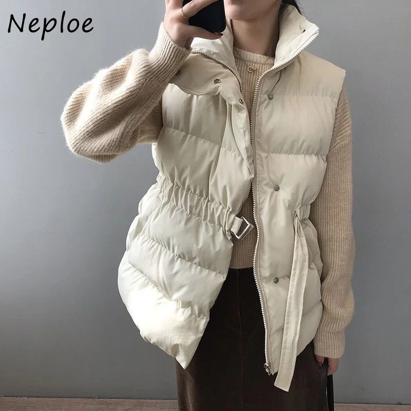 Neploe Feminina Winter Coat Women Stand Neck Solid Color Sleeveless Vest Parkas Pockets Drawstring Slim Waist Puffer Jacket