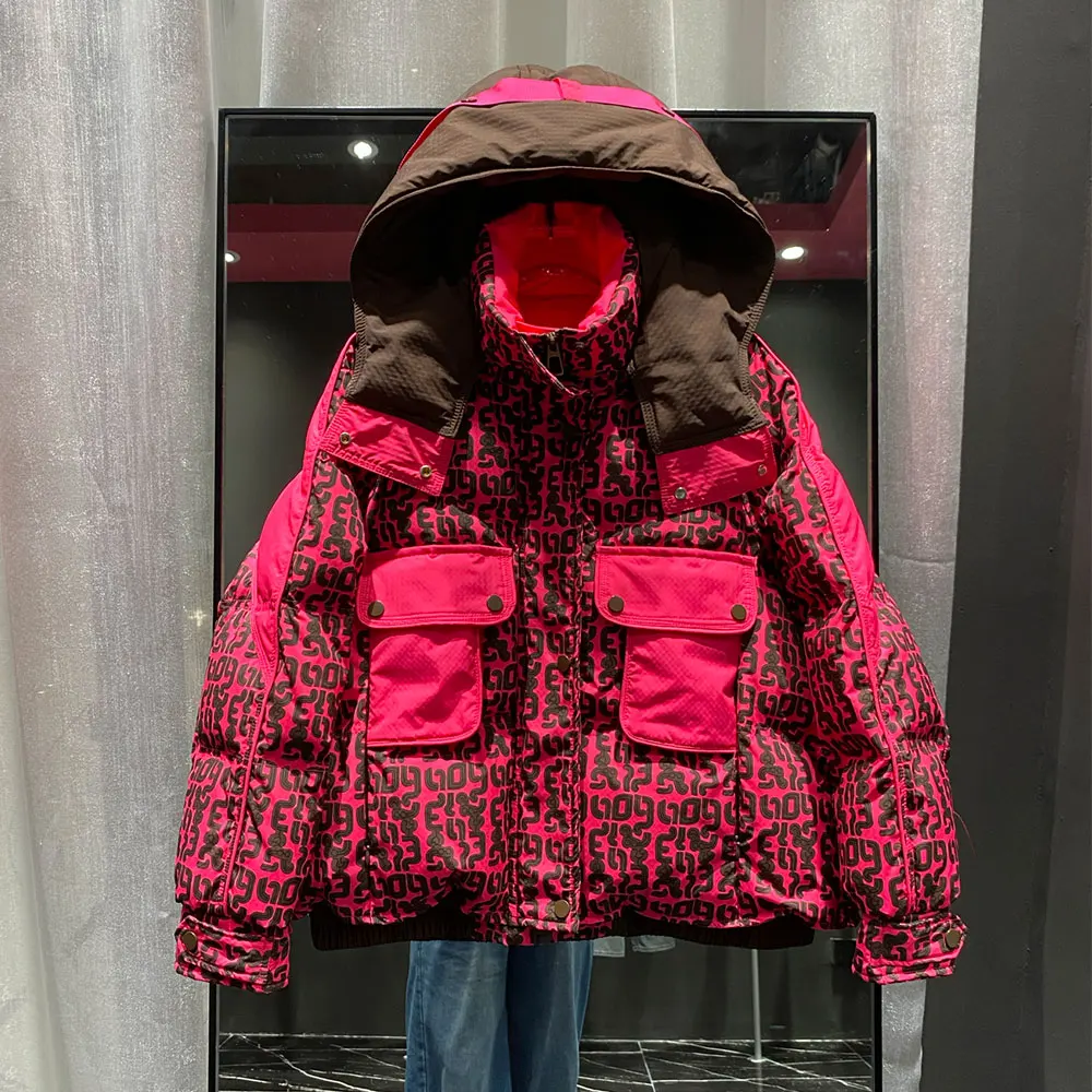 手紙プリントダウンジャケット 2025 冬の上着新韓国ファッションコントラストフード付きパーカー女性厚みのルーズホワイトダックコート