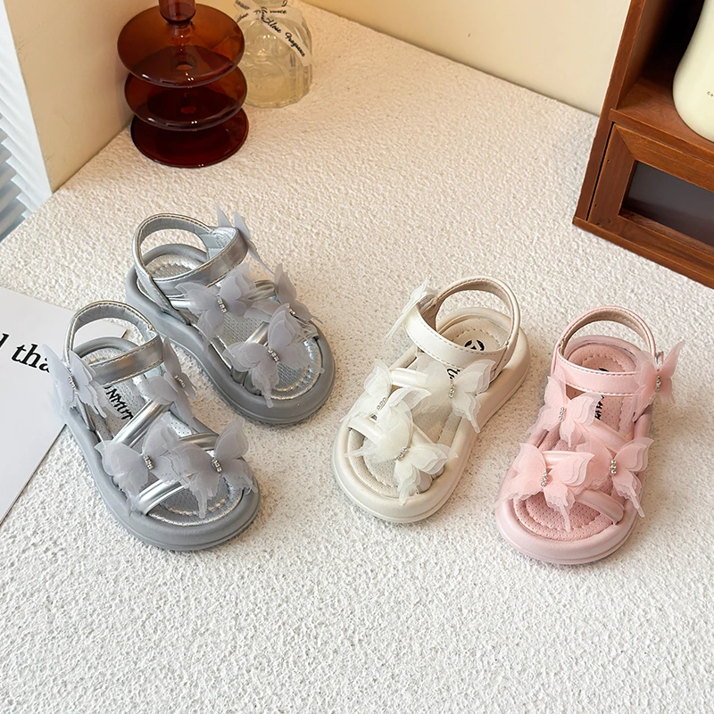 

Toddler Open Toe Beach Sandals Shiny Butterfly Decor Princess Style Soft Sole Non-slip Summer School Shoes