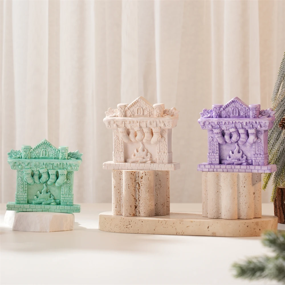 

Concrete Plaster Christmas Fireplace Shape Silicone Mold Mantel Candle Mold Resin Soy Wax Christmas Decor Table Ornament