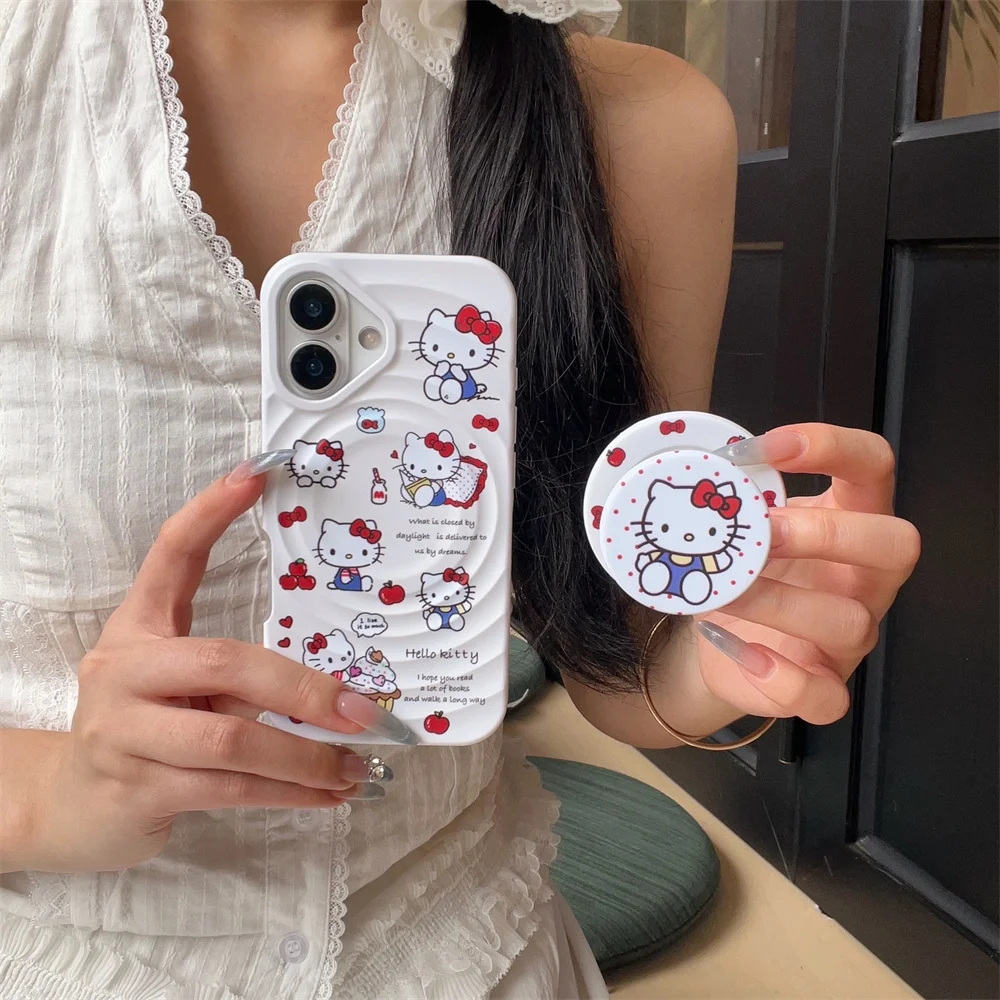 

Wave Cute Hello Kitty Magnetic Holder Phone Case for iPhone 13 14 15 16Promax 15Pro Cover Cartoon Silicone Shock Protection Case