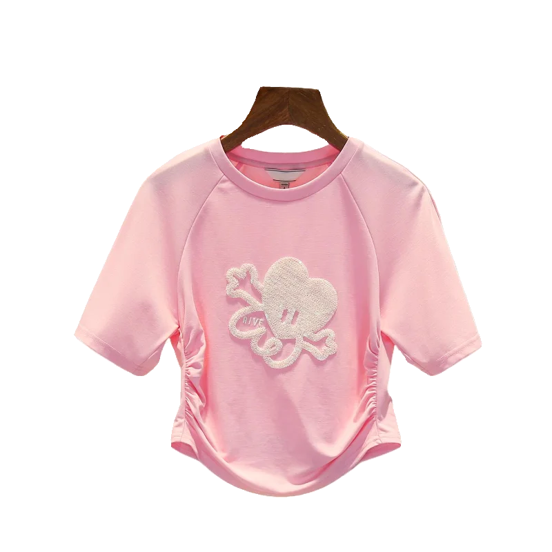 

Casual ort Pink Heart Embroidery T-irt Women's Top Versatile Straight Cut Summer Faion round Neline Regular Thin