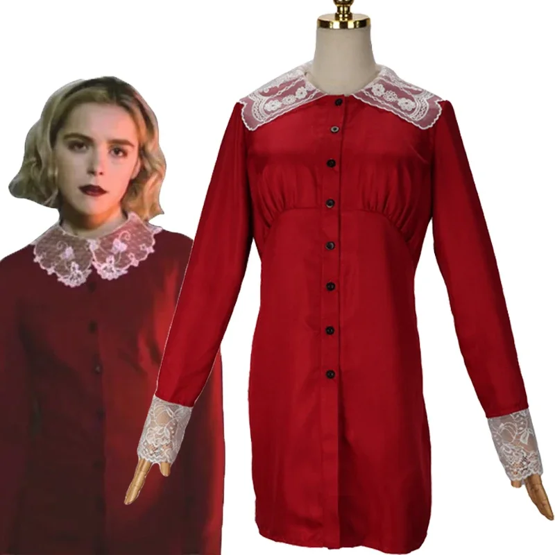 

TV Serise Chilling Adventures of Sabrina Sabrina Spellman Cosplay Costume Women Long Sleeves Red Dress Uniform Halloween Clothes