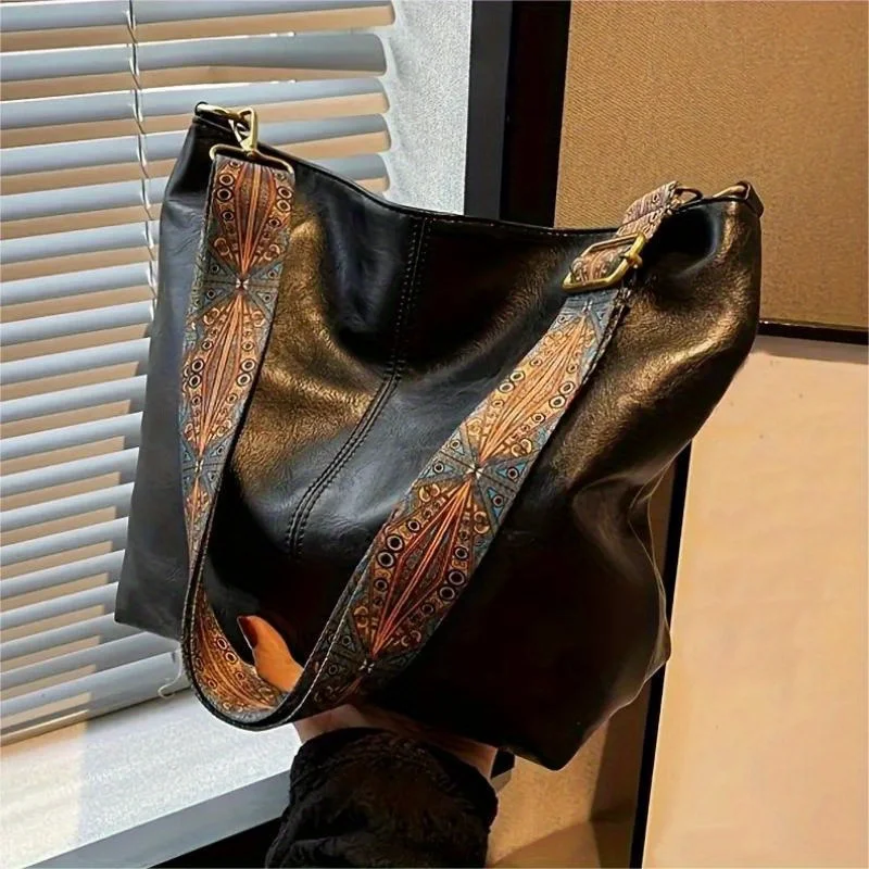Boho Chic Faux Leather Shoulder Bag for Women Large Capacity Crossbody Tote with Vintage Wide Strap Casual Commuter Hand Bill