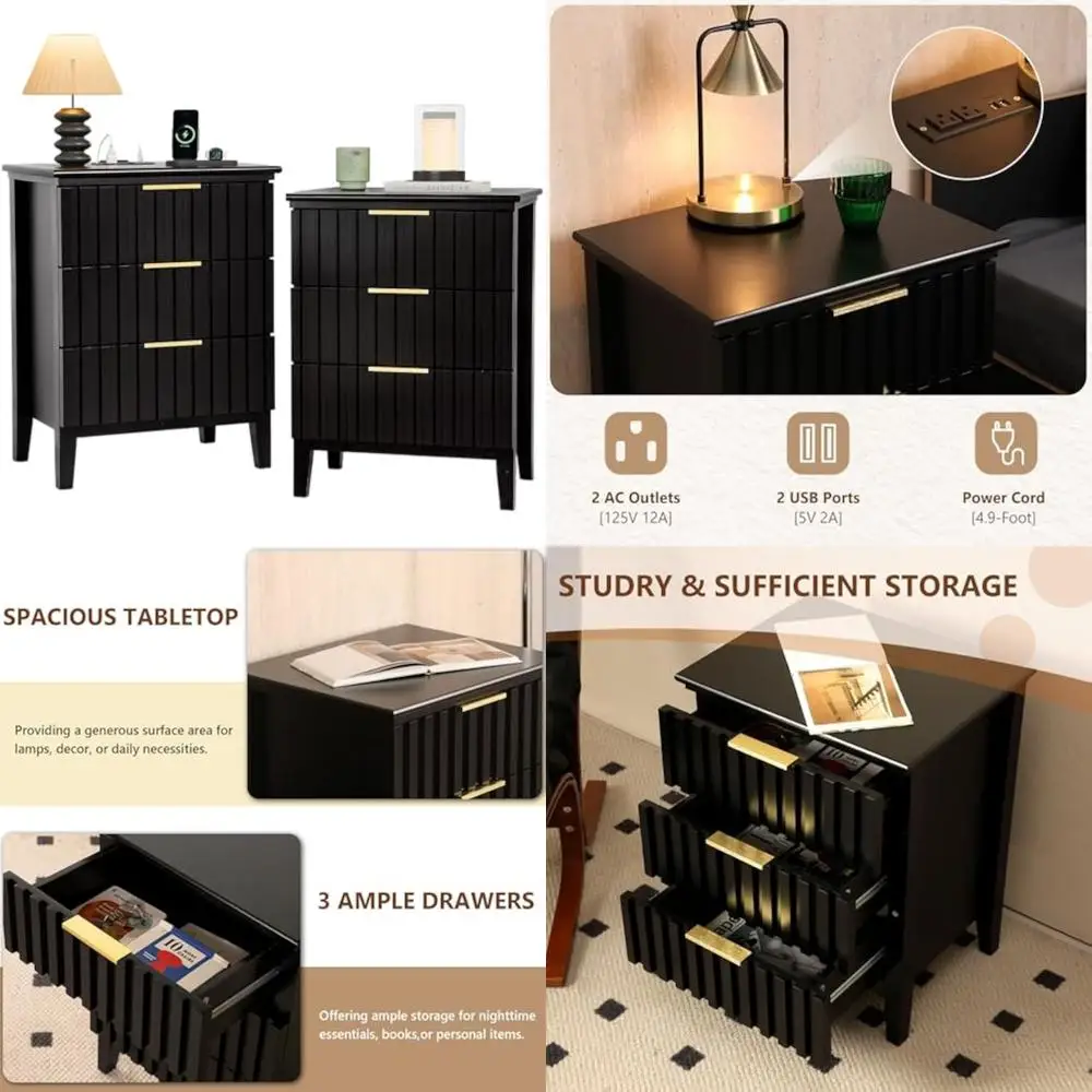fluted nightstand bedside tables black nightstand set of 2 with 3 drawers,charging station and golden handles modern side table