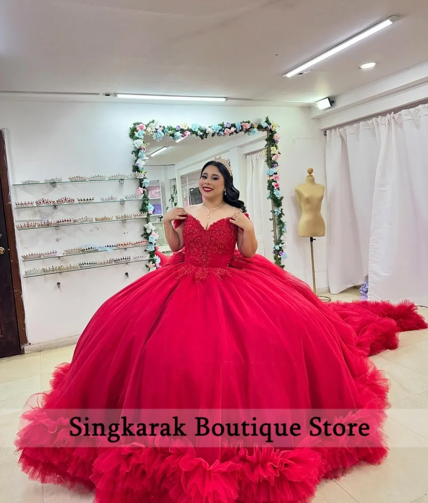 Vestido de fiesta de princesa rojo de lujo, vestidos de quinceañera 2024, cuentas, cristales, volantes, fiesta de cumpleaños para niñas del 15 años, con cordones, personalizado