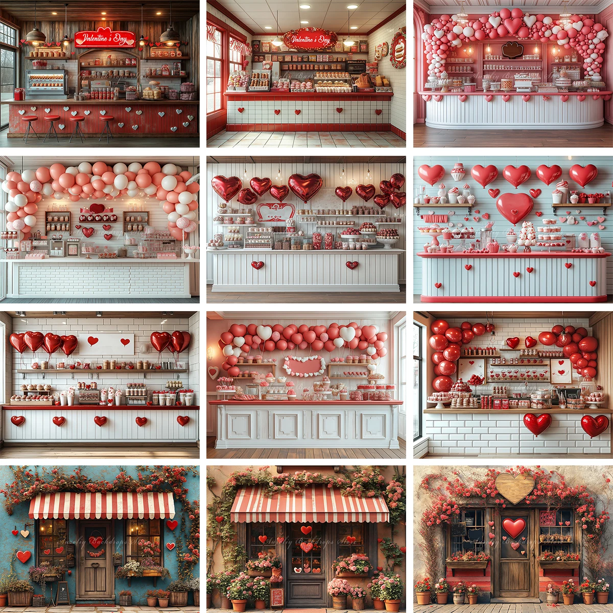 Valentines Day Photography Backdrop Red and White Candy Store Kids Baby Photocall Decors Quaint Love Shop Studio Backgrounds