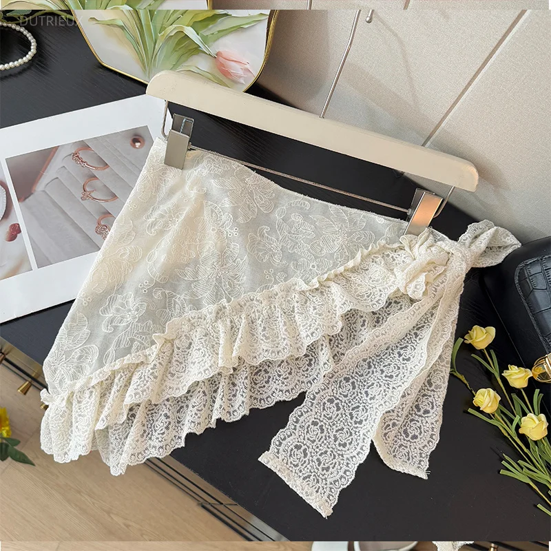 Irregular Lace Skirts Women Bandage Embroidered Ruffles Elegant Mini Skirt Korean Fashion Decoration Faldas Mujer