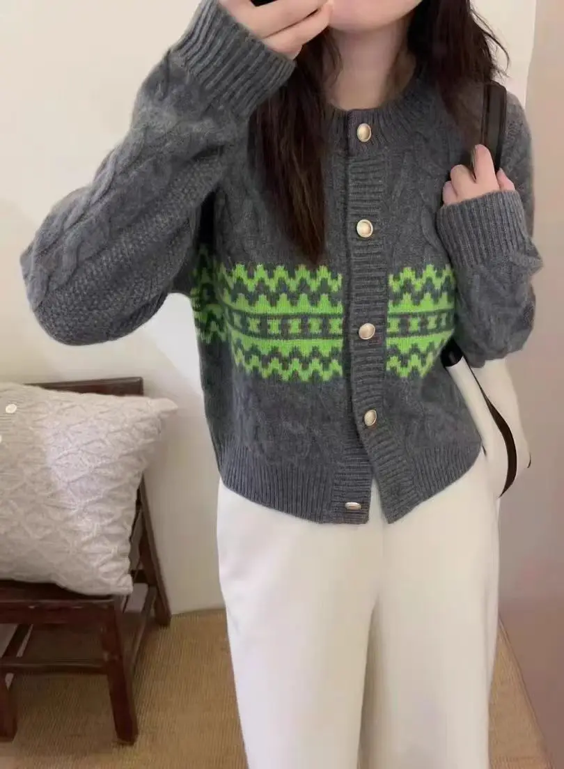 100% pure cashmere cardigan women's autumn and winter round neck knitted sweater loose color matching twist cashmere coat