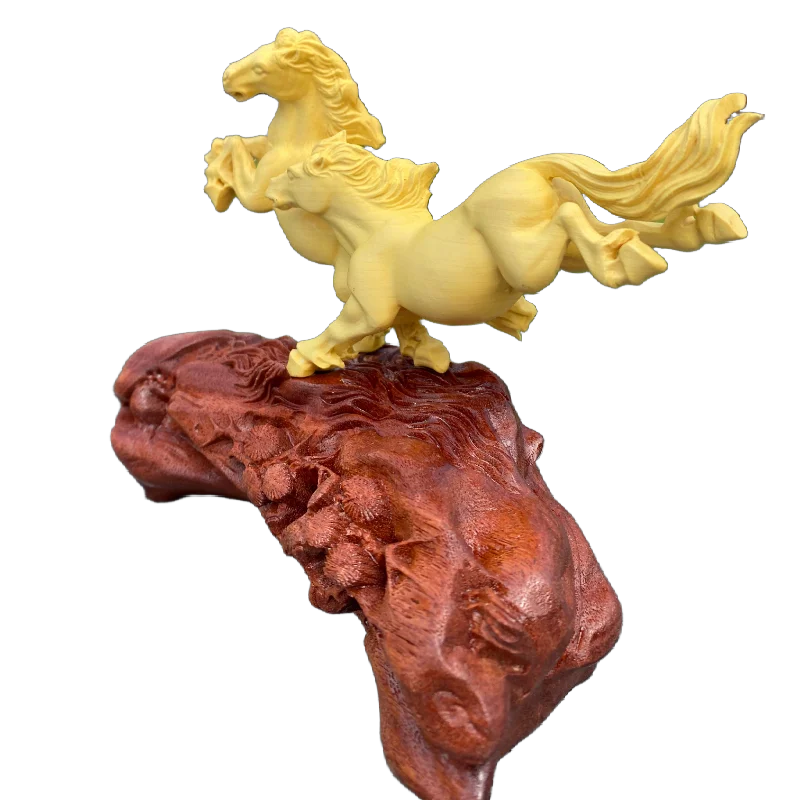 Yellow Boxwood Hand Carved Galloping Horses Statue Sculpture on Wooden Base - Instant Success Prosperity Ornament Home Decor