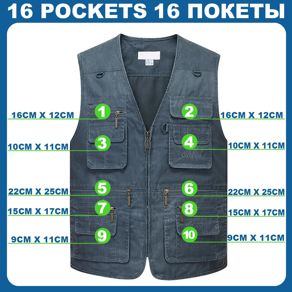 ZOZOWANG 160kg 8XL 9XL 10XL New Male Casual Spring Summer 16 Pocket Cotton Sleeveless Vest Men Multi Pocket Photograph Waistcoat