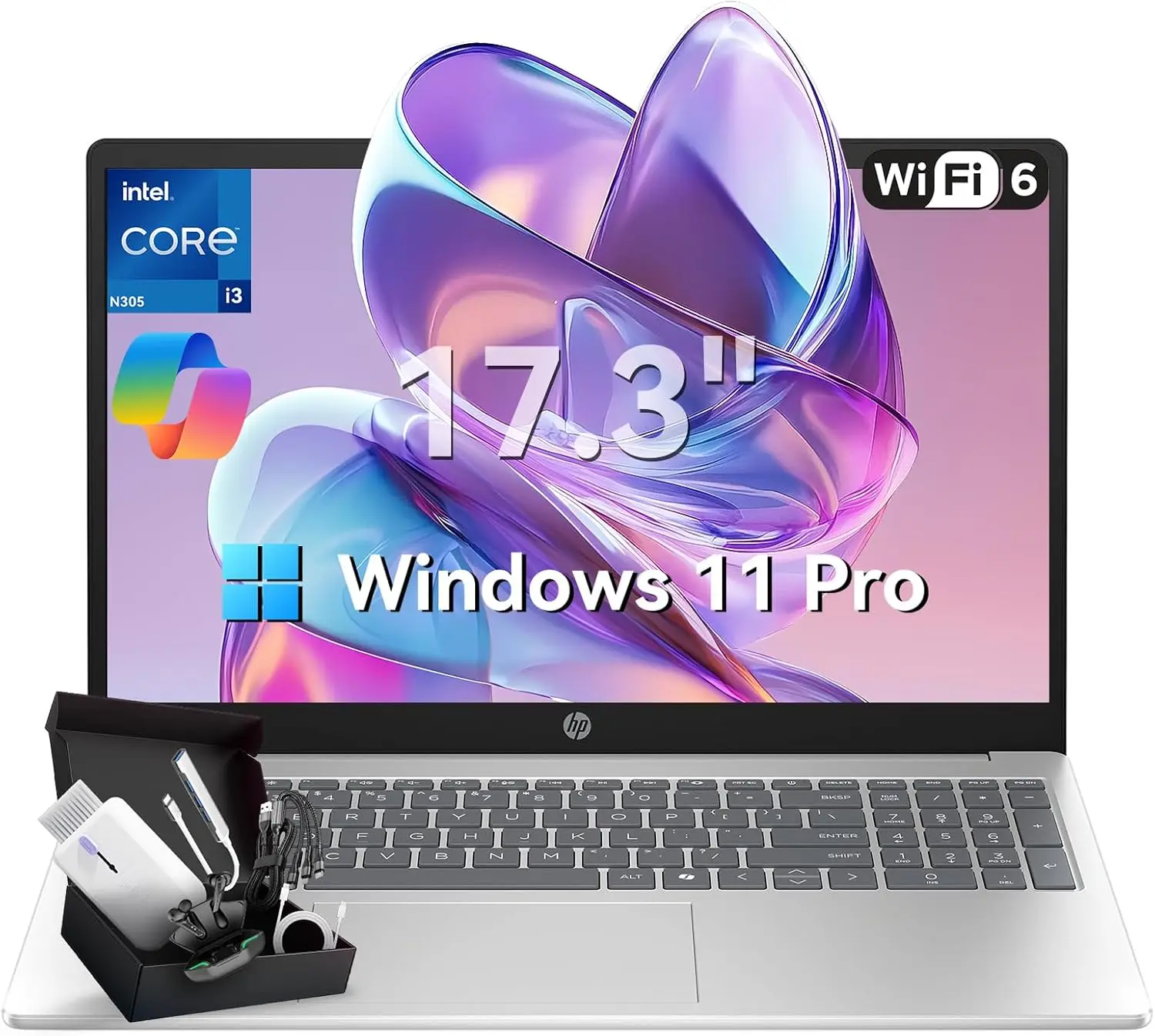 

HP 17.3 FHD Laptop Intel Core i3-N305 16GB RAM 1TB SSD Windows 11 Pro Wi-Fi 6 Bluetooth Webcam 9.5H Battery