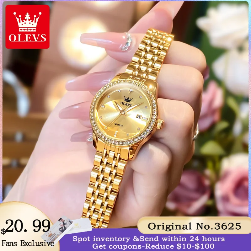 OLEVS 3625 Elegant Diamond นาฬิกาผู้หญิงธุรกิจหรูหรากันน้ําสแตนเลสปฏิทินนาฬิกาควอตซ์ประณีตนาฬิกาเด็กผู้หญิง