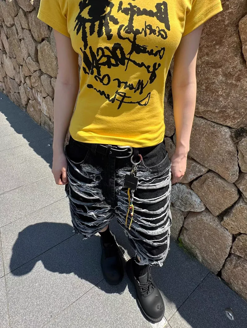 Summer American Sle Men's ort Jeans Casual Worn out Design Aborigine Culture Knife Cut Five Parts Loose Fit Straight Leg