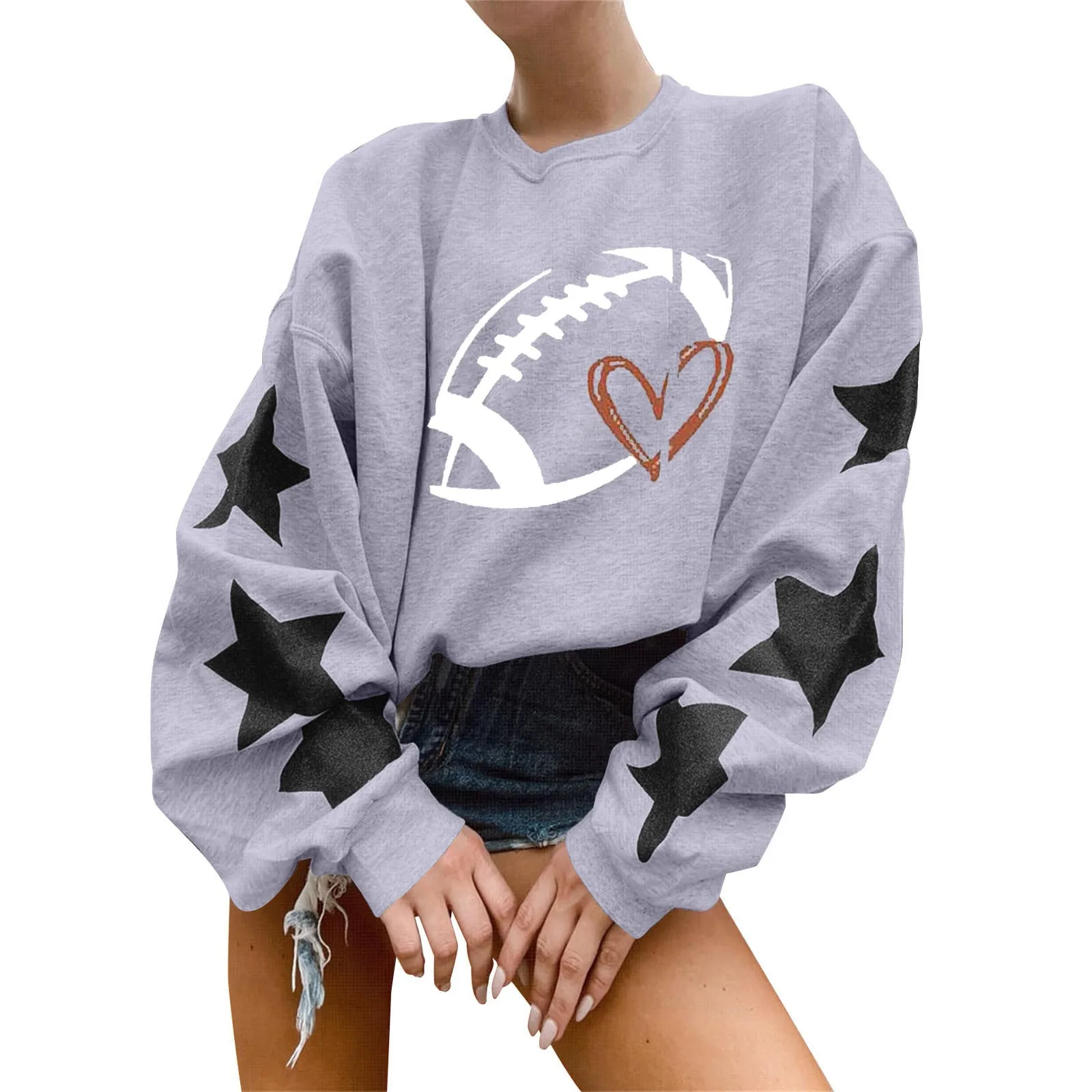 Rugby Sport Hoodies Frauen American Stars Rugby Ball Print kausales Sweatshirt O-Neck Drop Schulter Baggy Loose Chic Pullover Top