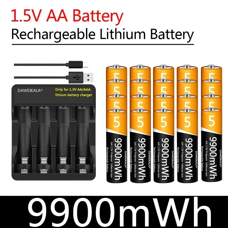 1.5V AA Battery 9900mWh Rechargeable Lithium-ion Battery AA Battery for remote control mouse fan Electric toy with USB charger