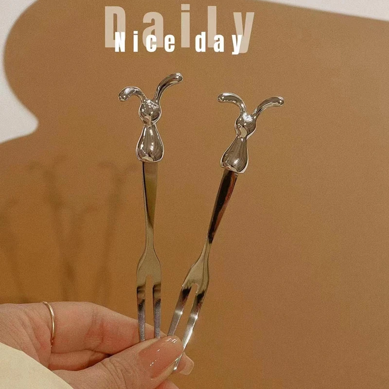 100pcs Creative Stainless Steel Spoon Cartoon Rabbit Fruit Fork INS Style Milk Tea Coffee Stirring Rod Dessert Snack Spoon Table