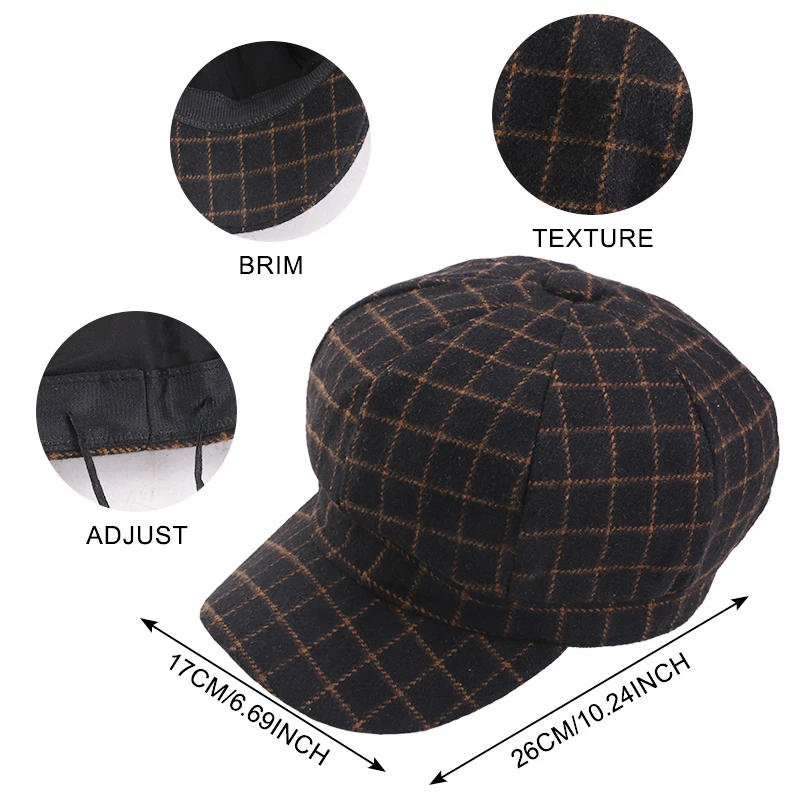 Neue britische Vintage-Newsboy-Mütze mit breiter Krempe, karierte achteckige Baskenmütze, Damen-Malerkappe, elegante Retro-Mütze für den Außenbereich – Detail 1
