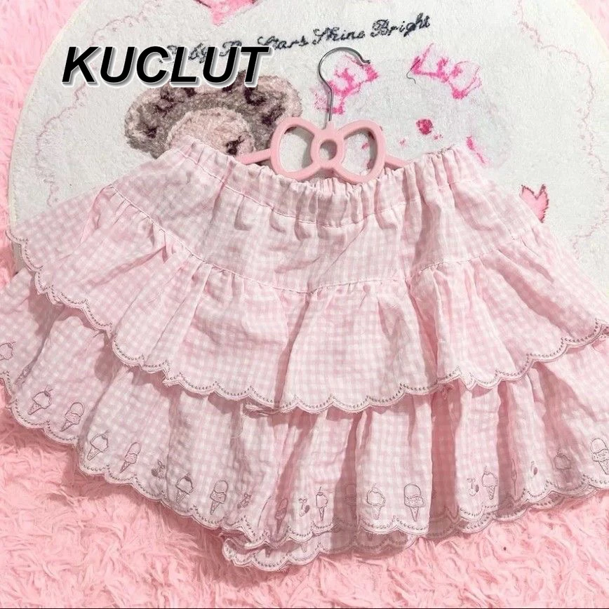 

Sweet and Cute Plaid Cake Mini Skirts for Women Fashion High Waist Thin Embroidery Japanese Style Girl Casual Short Skirt