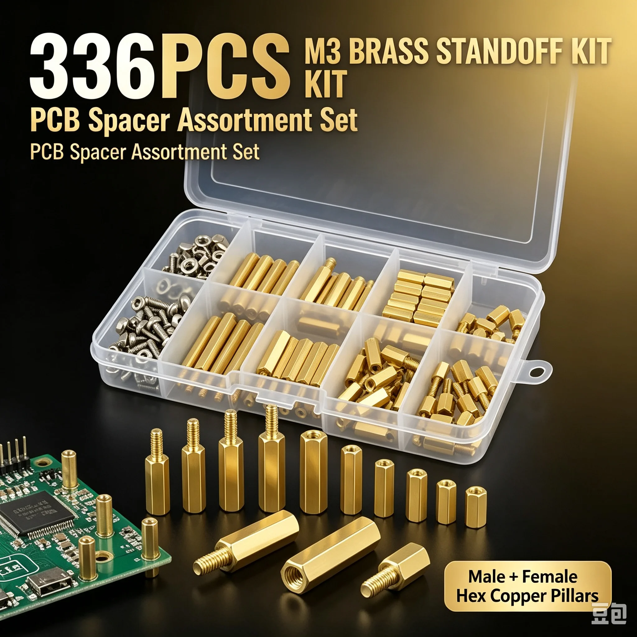 336PCS M3 Brass Standoff Kit Male Female Hex PCB Spacer Screws Nuts Assortment for Arduino DIY Electronics Motherboard Repair