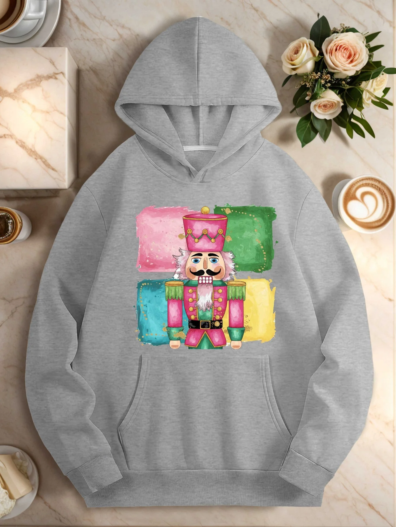 

Женская акварельная рождественская толстовка «Щелкунчик» больших размеров — уютный зимний пуловер с балетным дизайном в стиле Чайковского, карманами