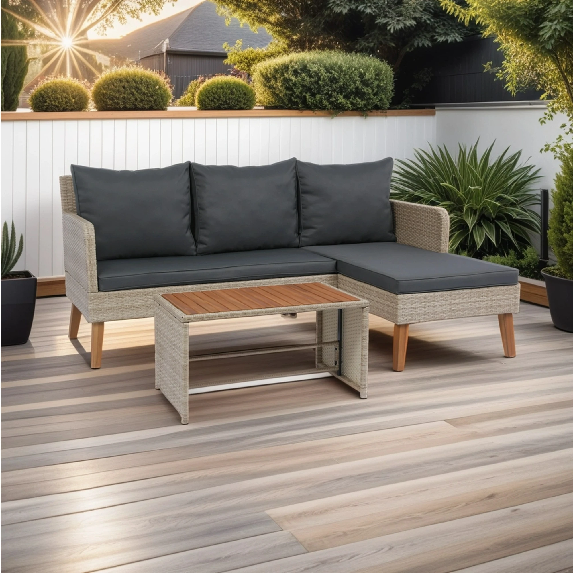 3 PCS, Patio Sectional Wicker Rattan Outdoor Furniture Sofa Set, Thick Cushion Glass Table for Balcony, Garden, All Weather