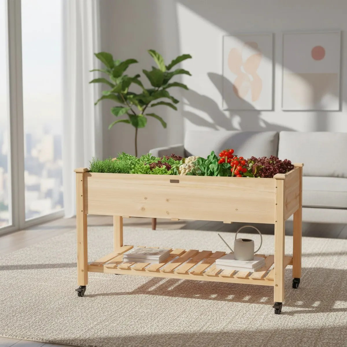 Wood Garden Planter 48x24x32 Inch Elevated Raised Bed with Wheels Storage Shelf Liner