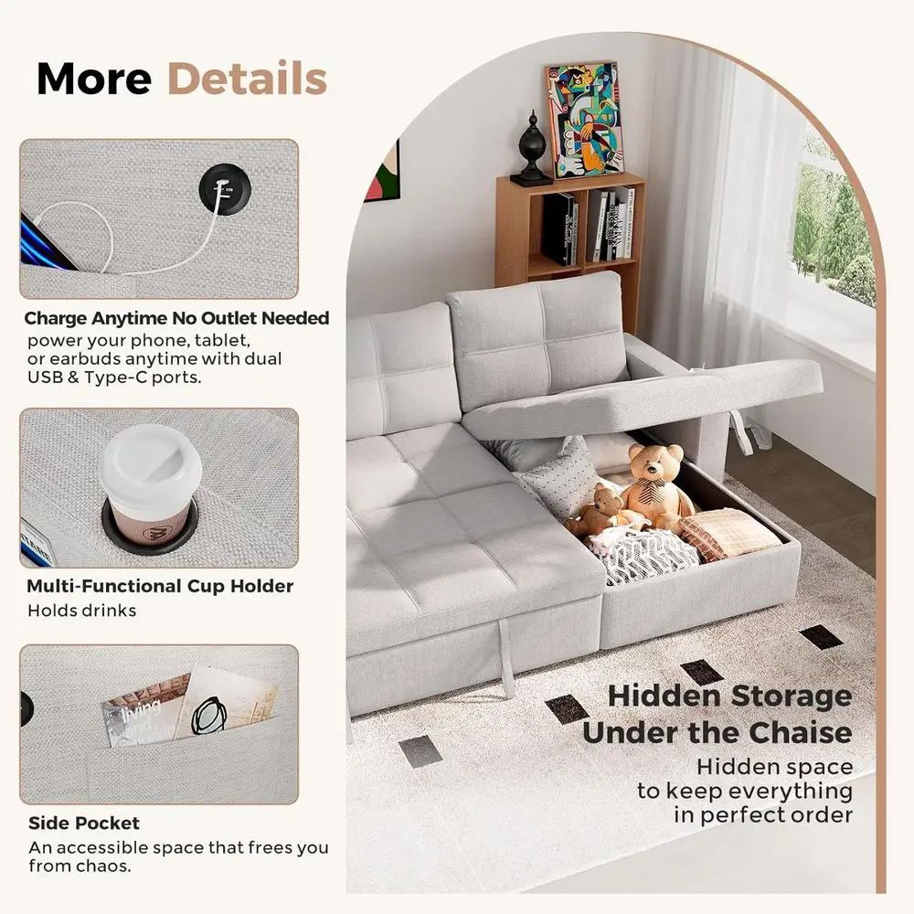 أريكة نوم رمادية 85 مع مساحة تخزين، أريكة مقسمة على شكل حرف L، أرائك قابلة للسحب 2 في 1، كرسي قابل للتحويل، منافذ USB، حاملات أكواب